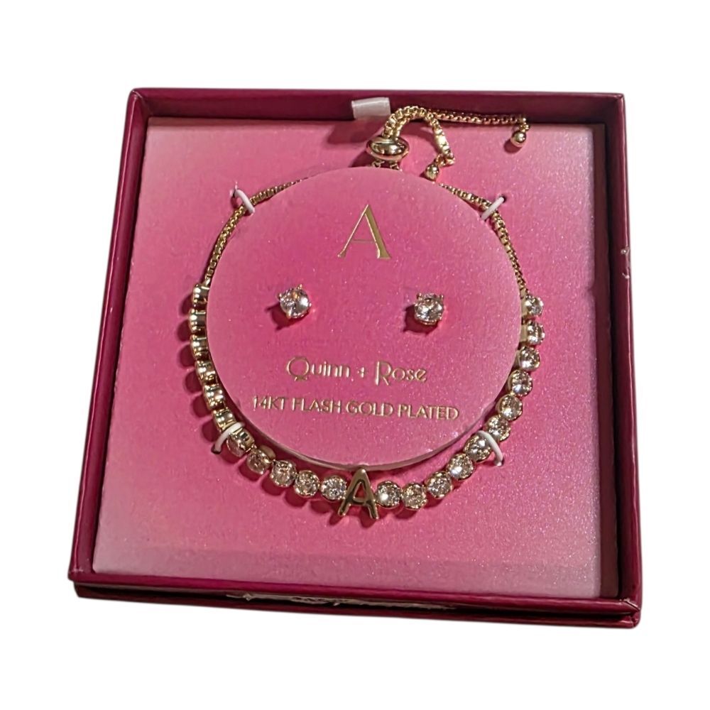 Quinn + Rose Initial A Bracelet & Stud Earrings Set | 14KT Gold Plated NIB